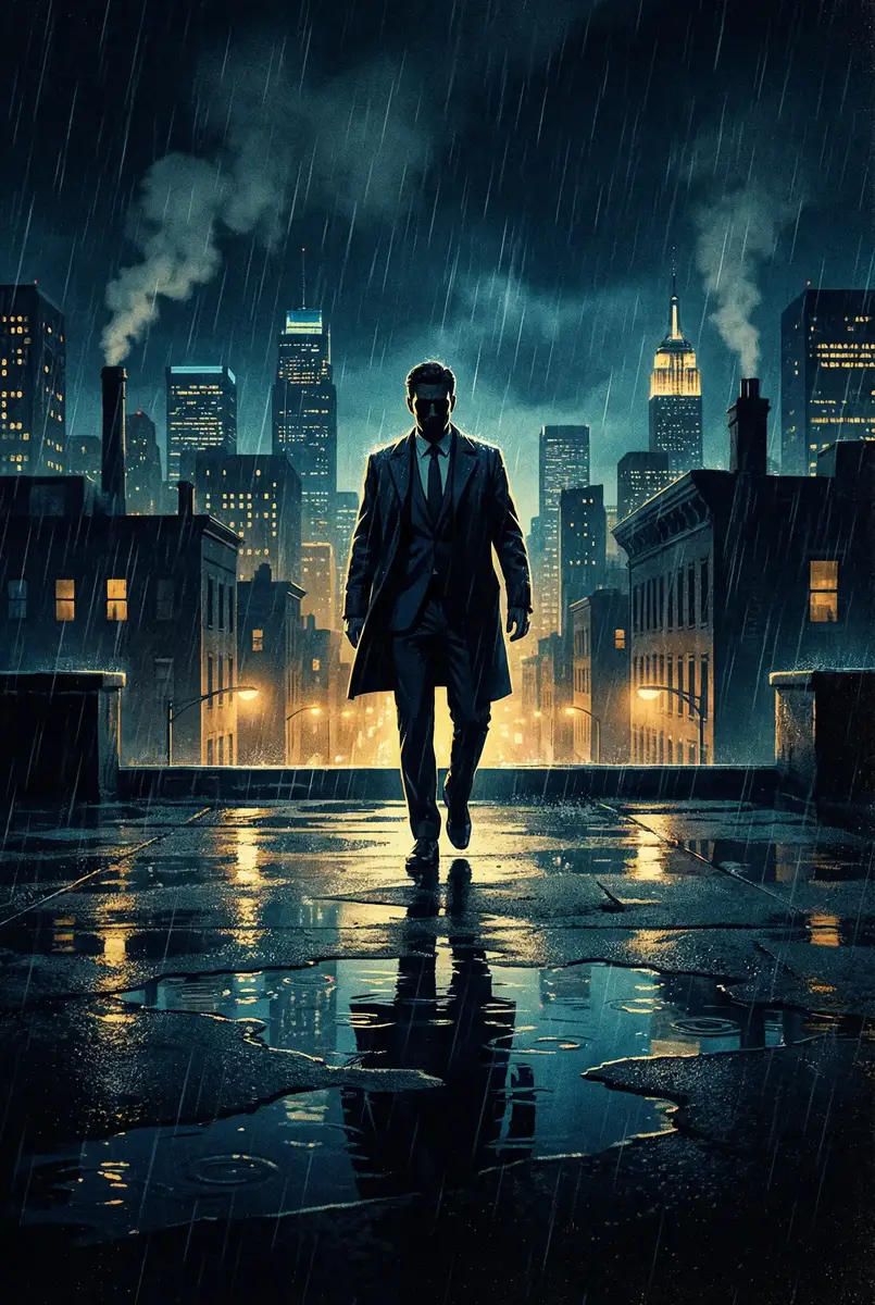 和平之舟在线观看 出品影片《雨夜独行者》海报，雨中城市屋顶男性剪影